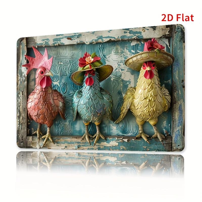 2D Flat Fashion Chicken Vintage Metal Tin Sign, Iron Wall Art Decor for Indoor Outdoor, Hanging Painting for Home Bedroom Office