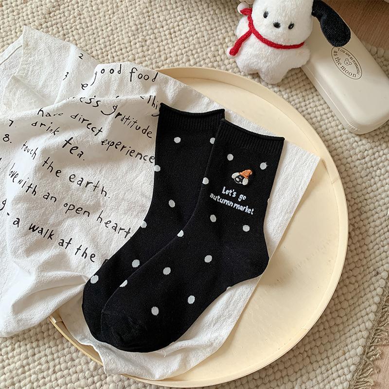 Autumn Cream Wind Cute Magician Puppy Embroidered Medium Tube Socks Polka Dot Versatile Comfortable Cotton Socks Cartoon