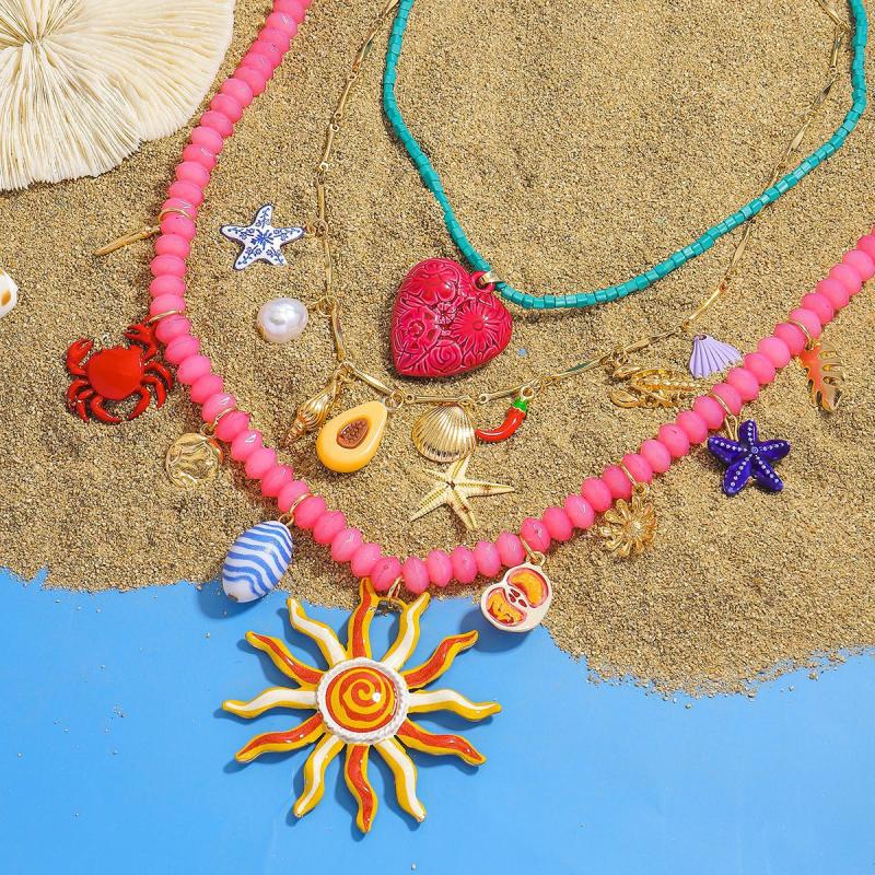 Bohemian Ocean Series Kolorowy Naszyjnik z Koralików dla Kobiet Przesadzony Naszyjnik z Wisiorkiem Słońce Czerwone Serce Biżuteria na Wakacje na Plaży Prezenty