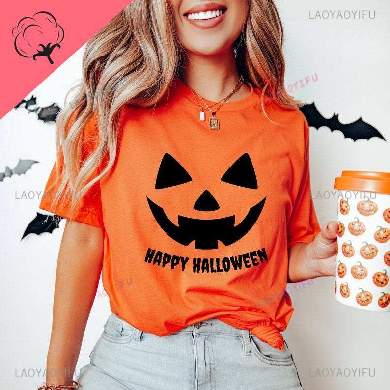 Cute Happy Halloween Pumpkin Face Graphic T Shirts Women Unisex Autumn Orange High Quality Cotton Tshirt Trick Or Treat Tops Tee