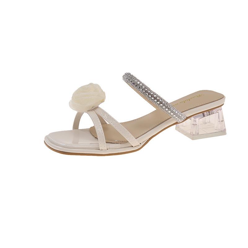 Flower Toe Silver Cool Slippers Women Wear New Summer Temperament Thick Heel Rhinestone One-word Drag