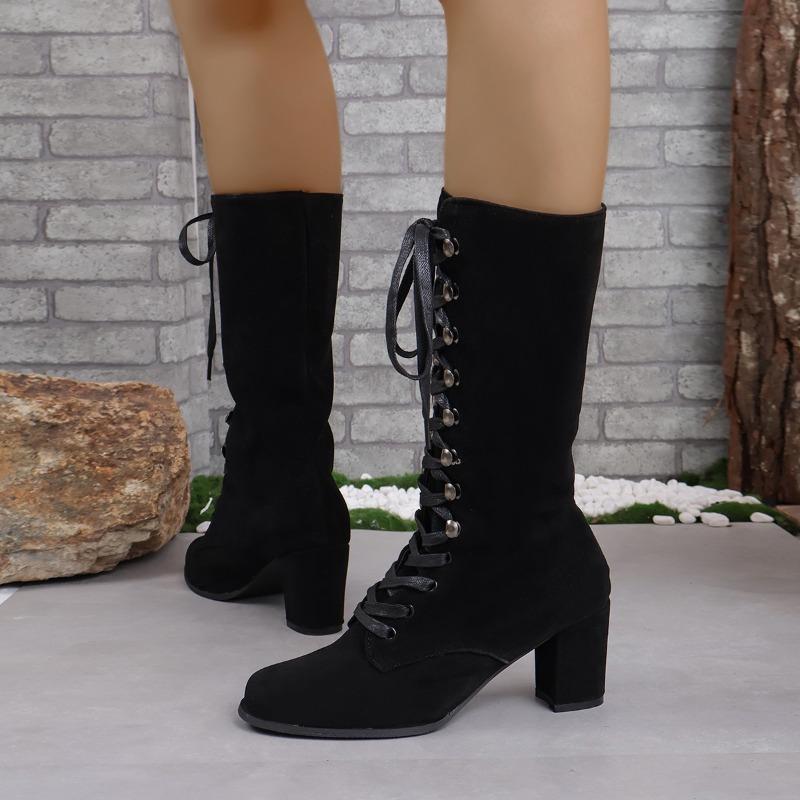 Winter New Coarse Heel Shoes Women's Round Head Suede Front Cross Strap Rivets Anti-slip Wear-resistant High Boots