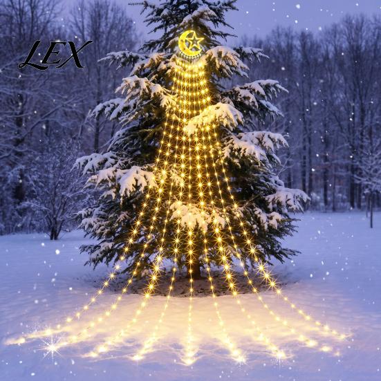 Reusable Holiday Garden Lighting Solar Christmas Tree Waterfall Light, 11.5FT 346 LED Powered String Light Durable Waterproof Strips with Star