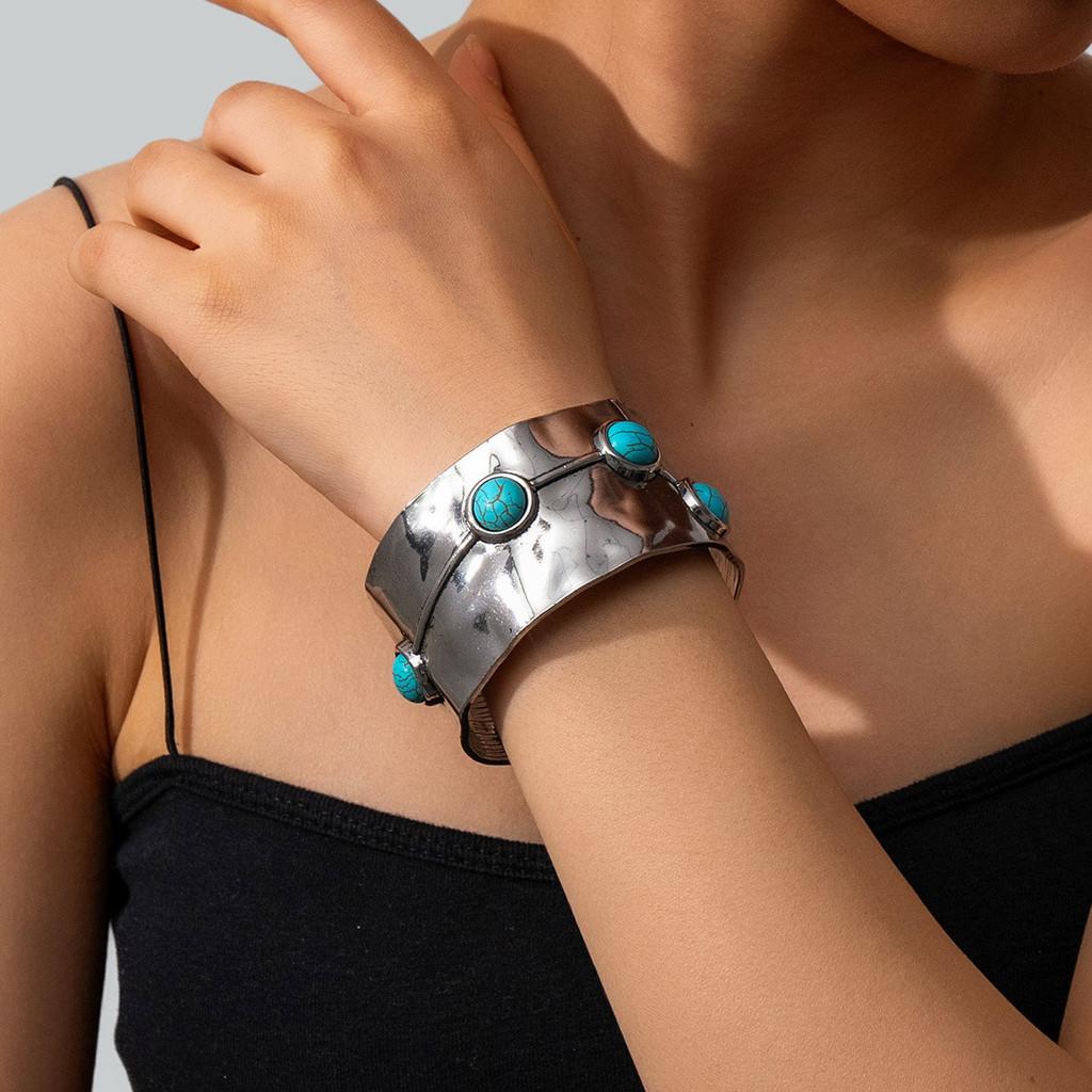 Ethnic Style Alloy Hand Jewelry With Turquoise Open Wide Bracelet For Women