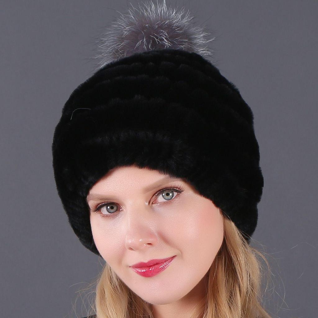 Women's Fur Hat with Rex Rabbit and Fox Fur Pompon for Autumn and Winter
