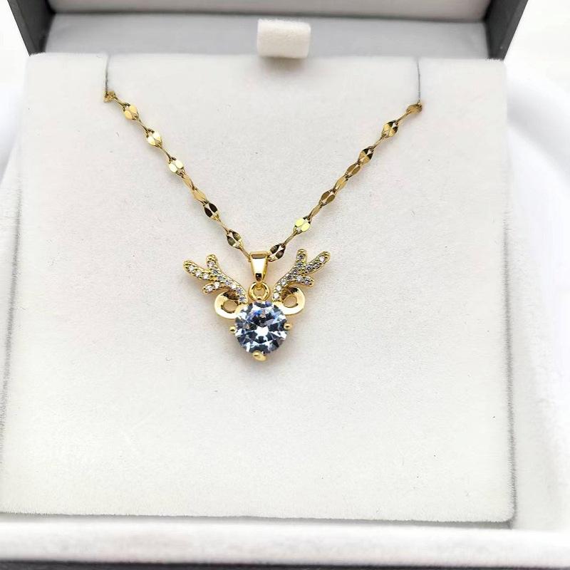 1 Pcs Fashionable Women's Necklace Copper Pendant Glass Antlers with Steel Collarbone Chain Girl's Beautiful Gift