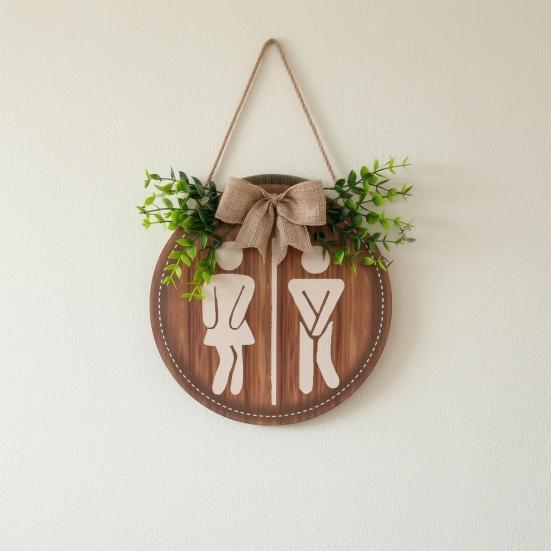 Massivholz Badezimmer Wandkunst Holz Toilettenschild, Herren und Damen Toilette Geschlechtsneutrales Schild Runde Rustikale Bauernhaus Hängeschild für Waschraum
