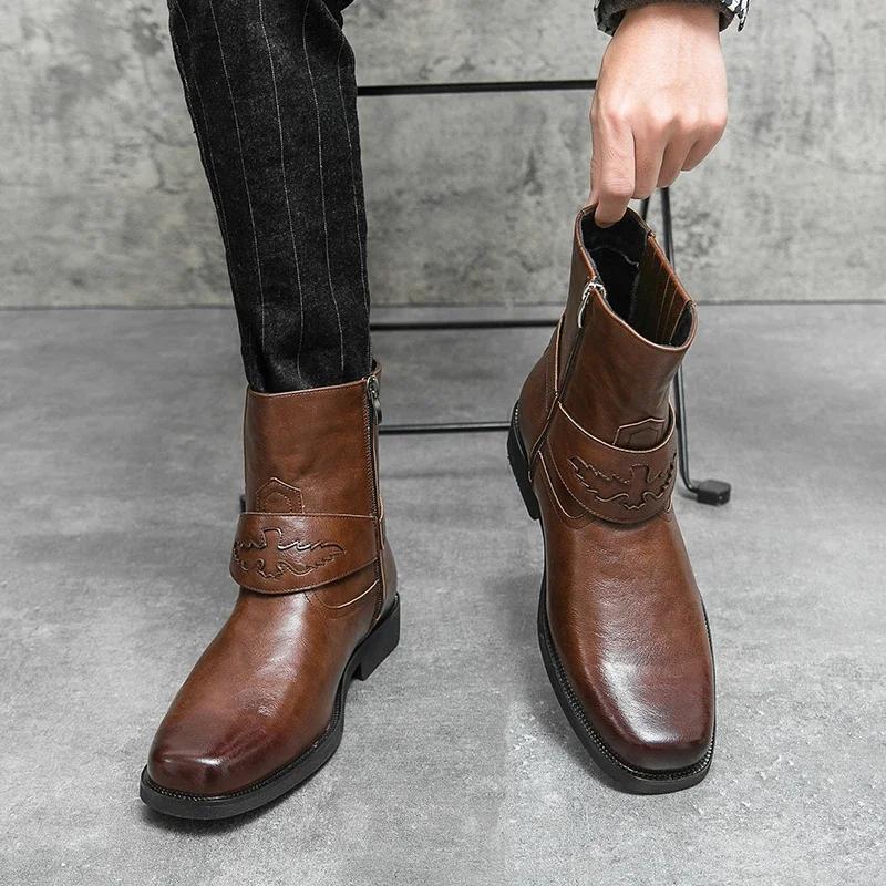 Men's Leather Buckle Chelsea Boots Men's Boots Black Western Cowboy Boot Zipper Vintage Brown Motorcycle Leather Boots