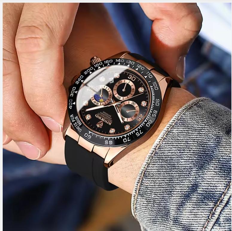 Quartz Watch for Men Silicone Strap Moon Phase Date Chronograph Dial Waterproof Sports Fashion Business Men's Wristwatch