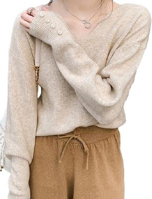 NAKACHI Geripptes Stricktop mit elegantem und geknöpftem Stil Damen V-Ausschnitt Ärmel, Casual, Herbst/Winter (beige)
