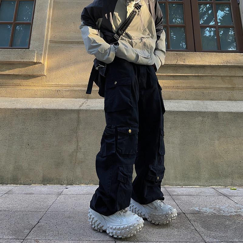 

Унисекс ретро повседневный свободный хлопковый комбинезон с широкими штанинами и множеством карманов Extra Large чёрный