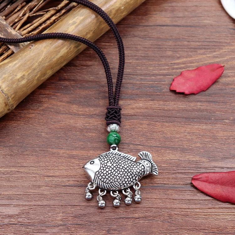 Handmade Retro Cotton and Linen Tibetan Silver Pendant Necklace Medium and Long Flower Versatile Sweater Chain Women's Simple Accessories
