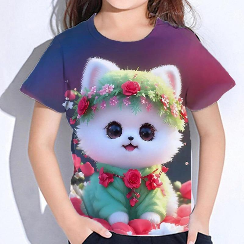 Kawaii Cartoon Animal Cat Kids Adult Printed T-shirt Summer Women's and Men's Casual Outdoor Girl and Boy Short Sleeve Tees Top
