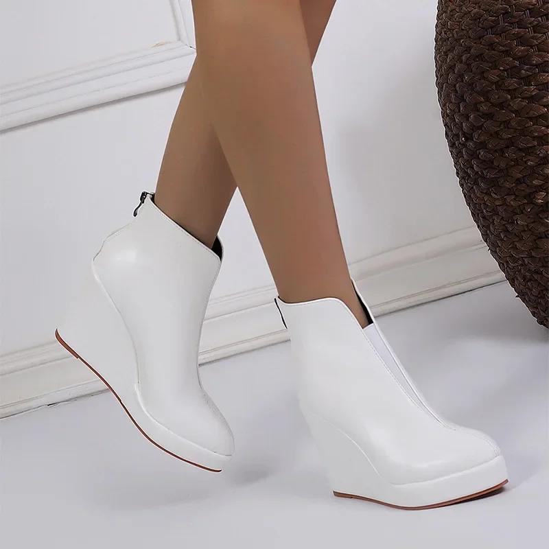 New Autumn Early Shoes Women Ankle Boots Platform Fashion Ladies Wedge Heels 10cm Pure Black White Big Size 42