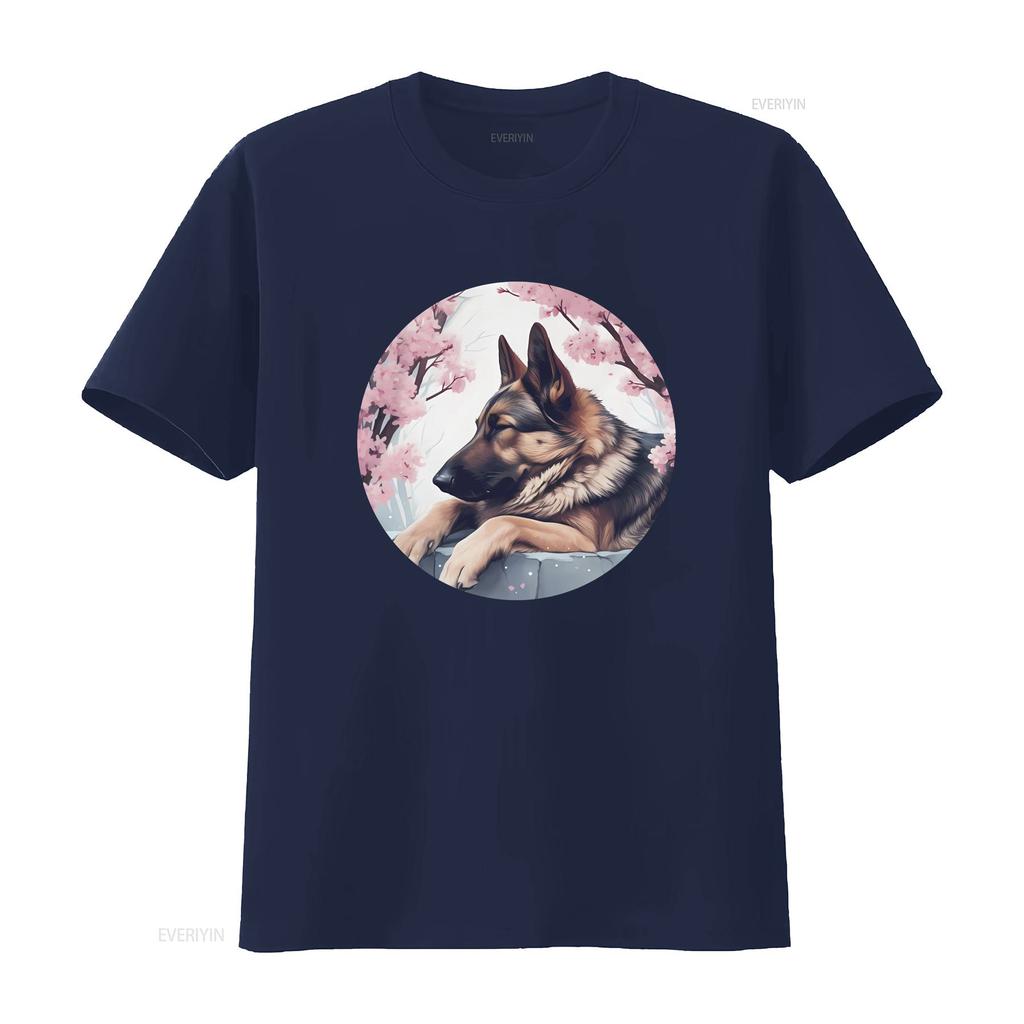 German Shepherd Dog Cherry Blossom T Shirt Perfect GSD Japan for Lovers Vintage Washed Casual Designer Clothes Soft Homme