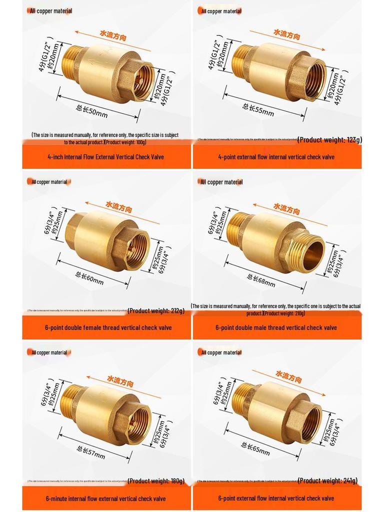 All-Copper 1-Inch Vertical Spring Check Valve with Male/Female Threads, One-Way Backflow Preventer for Water Pipes and Meters.