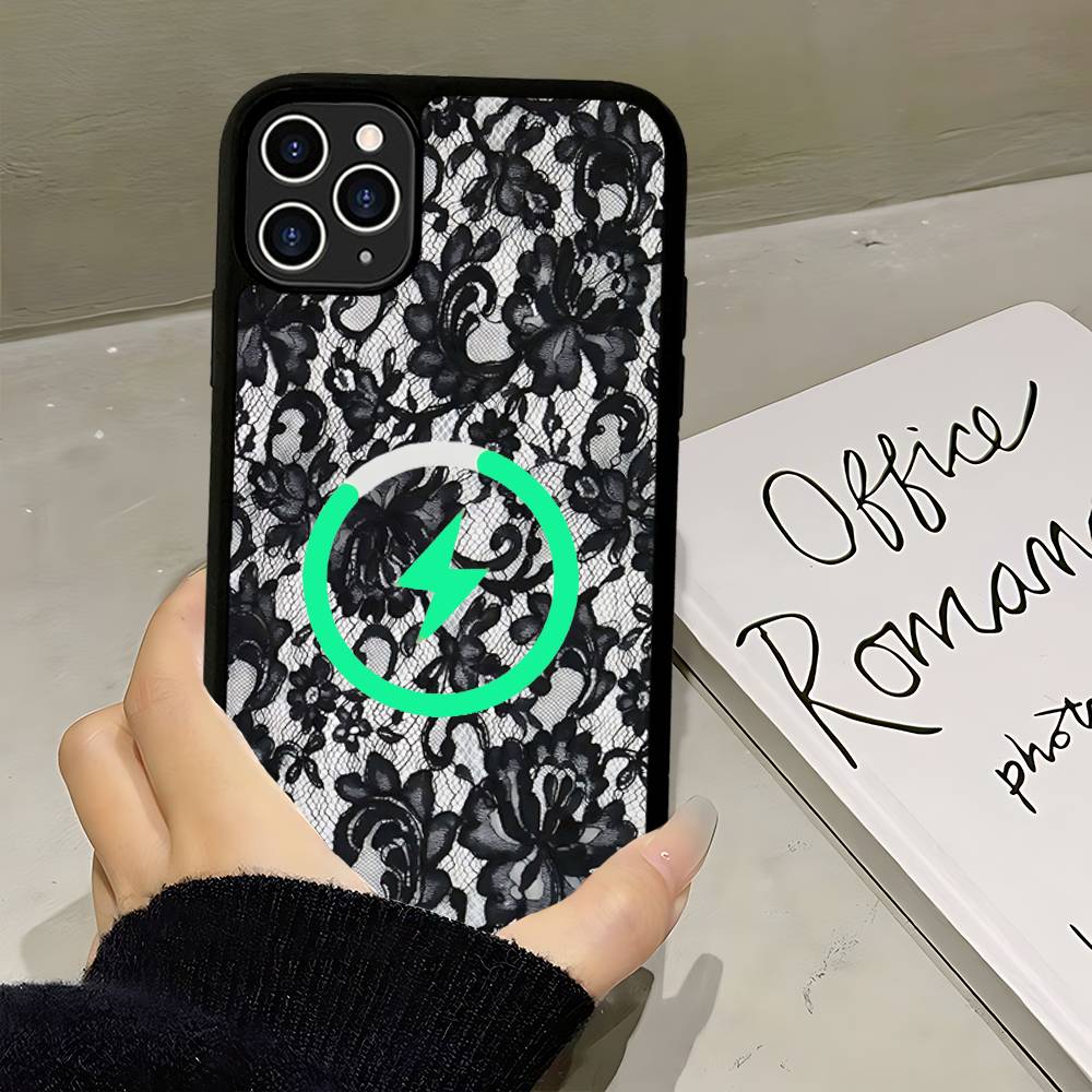 Black Lace Pattern Personalized Mobile For Magsafe Magnetic Case For IPhone17Air 16 15 14 13 12 11Pro Max Plus Wireless Charging