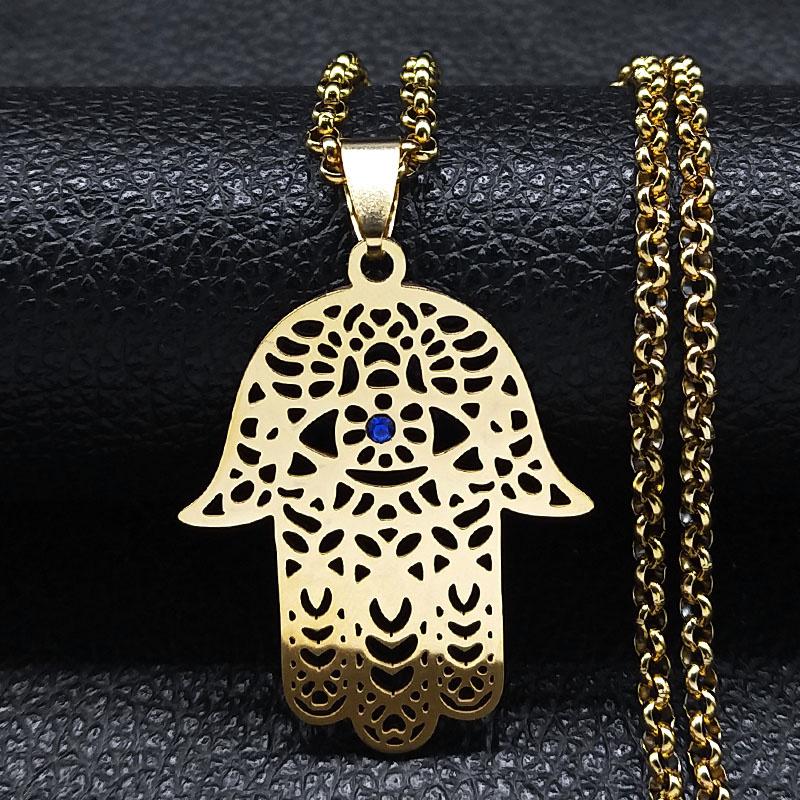 Islamic Hand of Fatima and Evil Eye Pendant Necklace Stainless Steel Blue Crystal Hamsa Hand Necklaces Islam Woman Jewelry Gifts