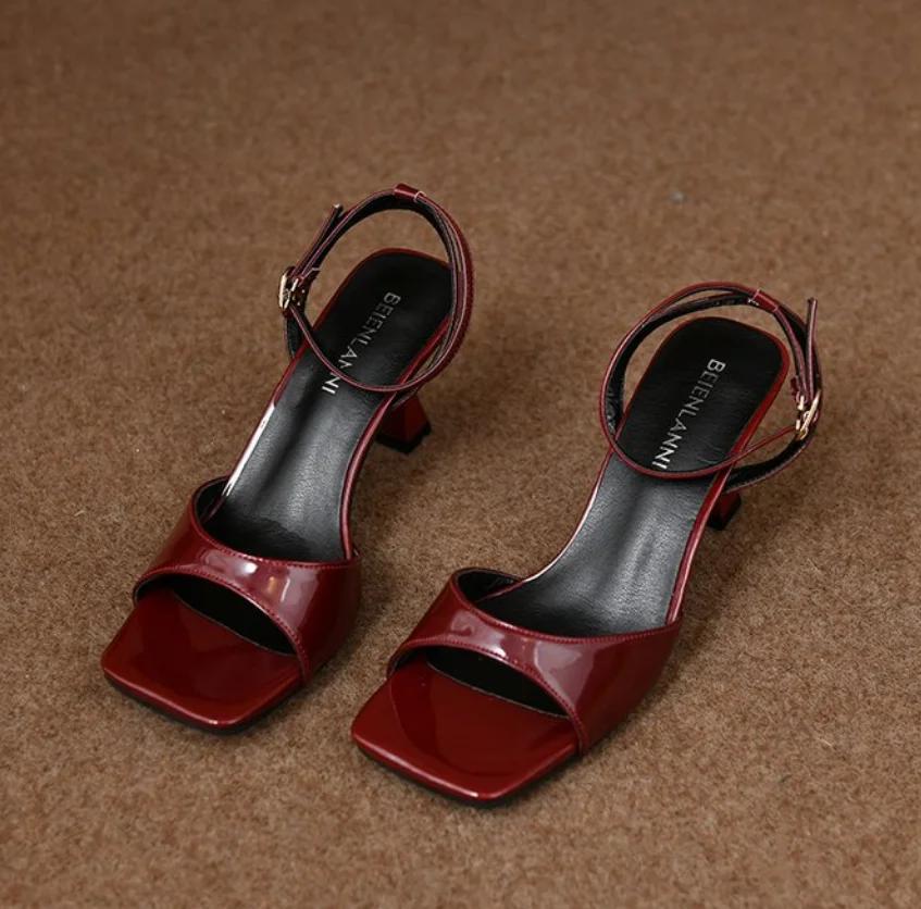 Fashion Patent Leather Ankle Buckle Strap Sandals Women Sexy Square Open Toe High Heels Summer Elegant Party Office Shoes talons femme