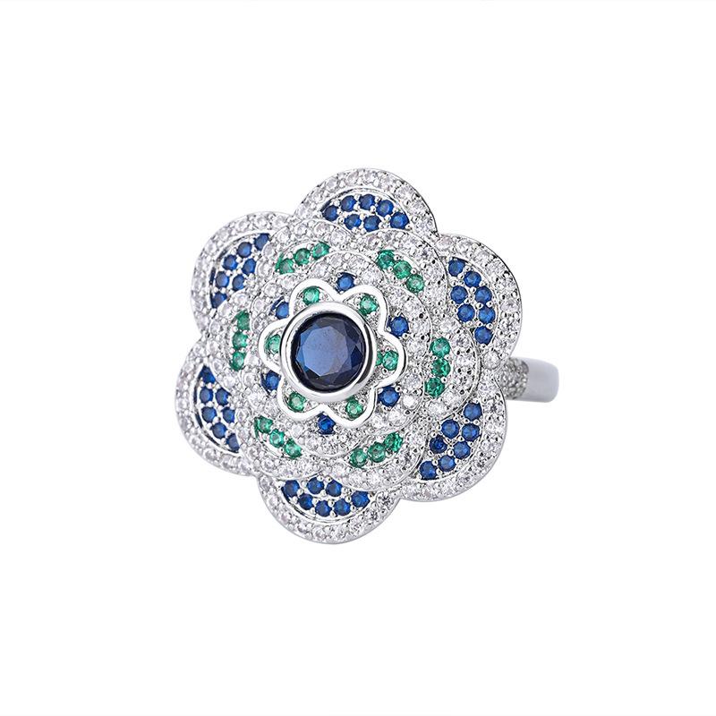 European and American Ring Simulation Color Treasure Retro Wind Sapphire Color Matching Stone Shining Diamond Stamen Women's Ring