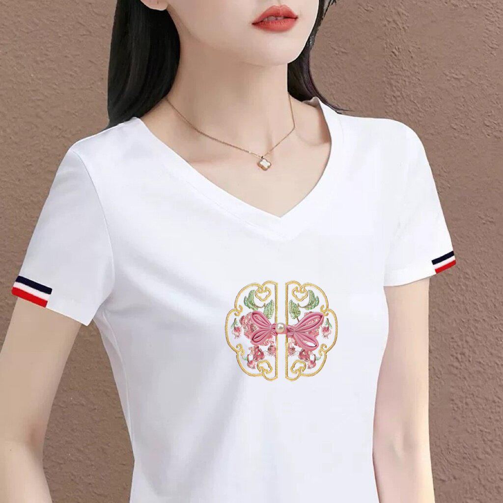 

Clearance Deal: Women s High-Grade White V-Neck Colorblock Embroidered Short-Sleeve Casual Top S