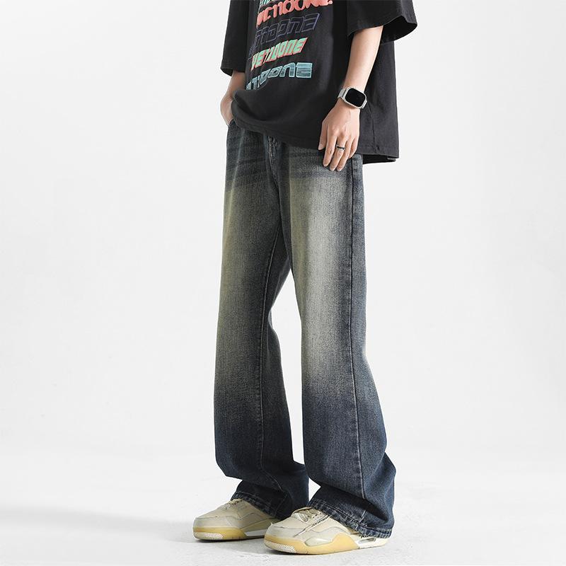 

Джинсы темно-синего цвета с эффектом стирки в стиле хай-стрит, мужские летние универсальные брюки прямого кроя с широкими штанинами, старые расклешенные брюки 3XL