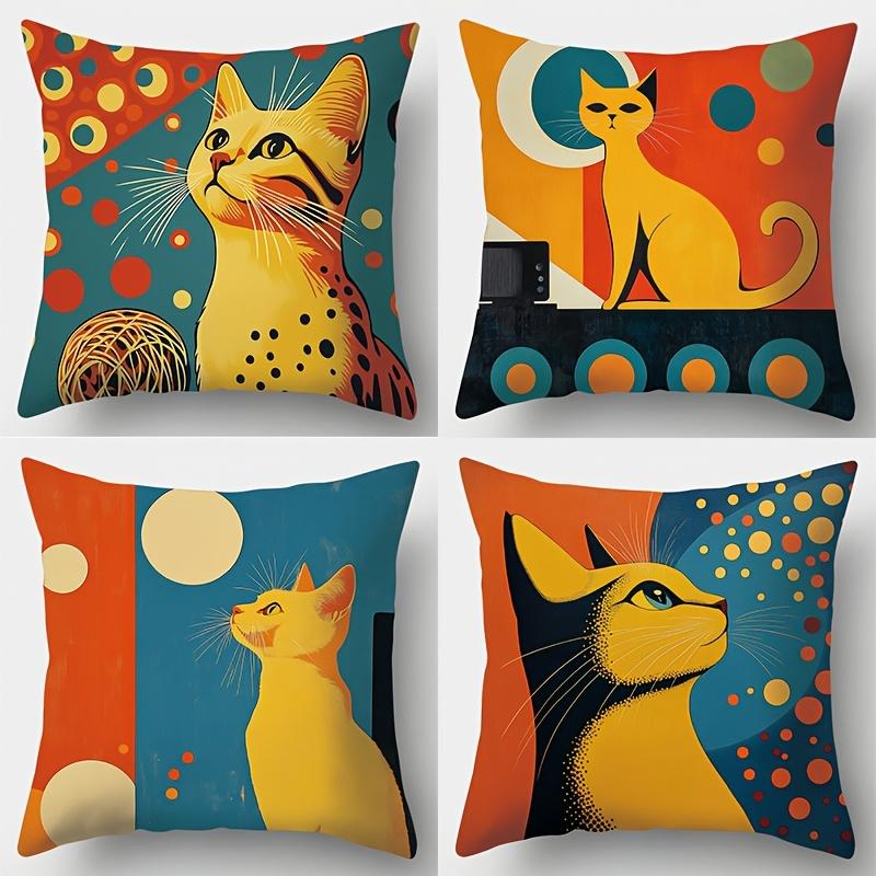 Vibrant Retro Art Cat Pillow Cover Decorative Pillow Case Cushion Cover For Home Couch Sofa Living Room Bedroom Bed Decorat
