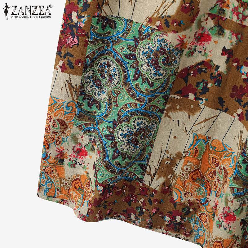 ZANZEA Womens Vintage Short Sleeve Floral Print Casual Long Dress