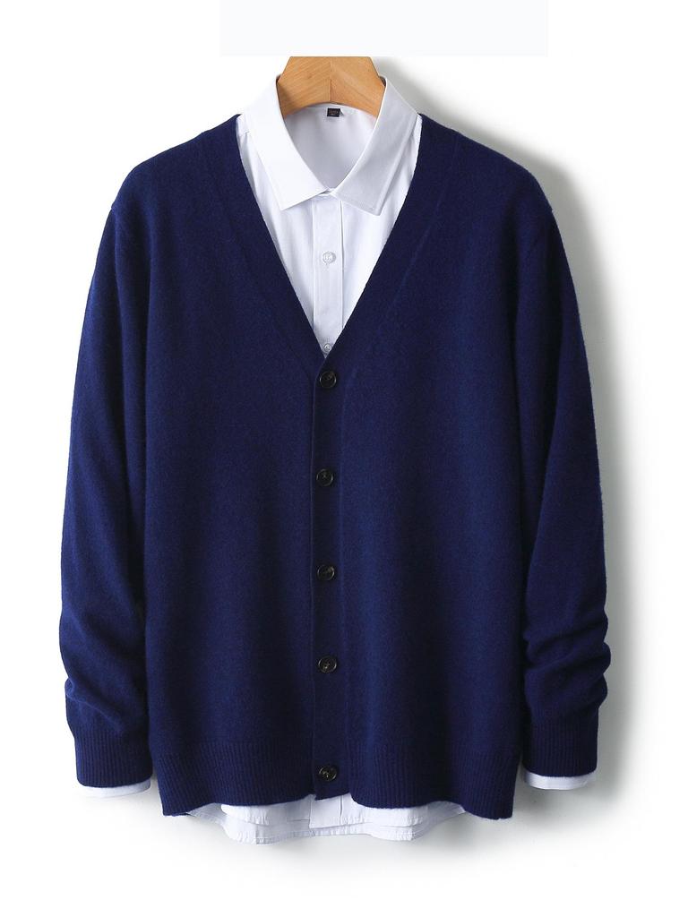 Men's V-neck Wool Cardigan: Autumn/Winter Business Casual Solid Color Long Sleeve, Warm Loose Knit Outerwear.