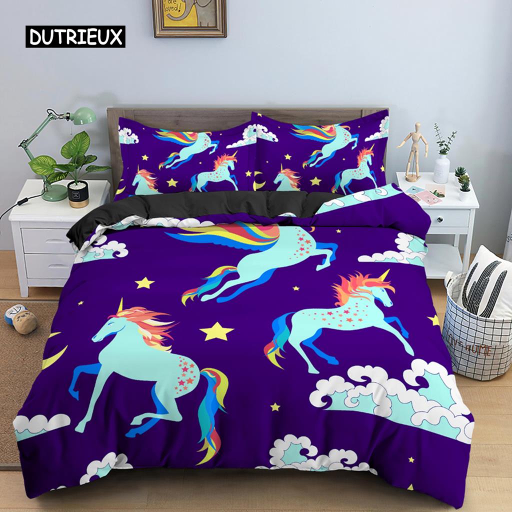 Unicorn Duvet Cover Set Cartoon Animal Bedding Set Single Twin King For Kids Girls Polyester Romantic Theme Star Comforter Cover