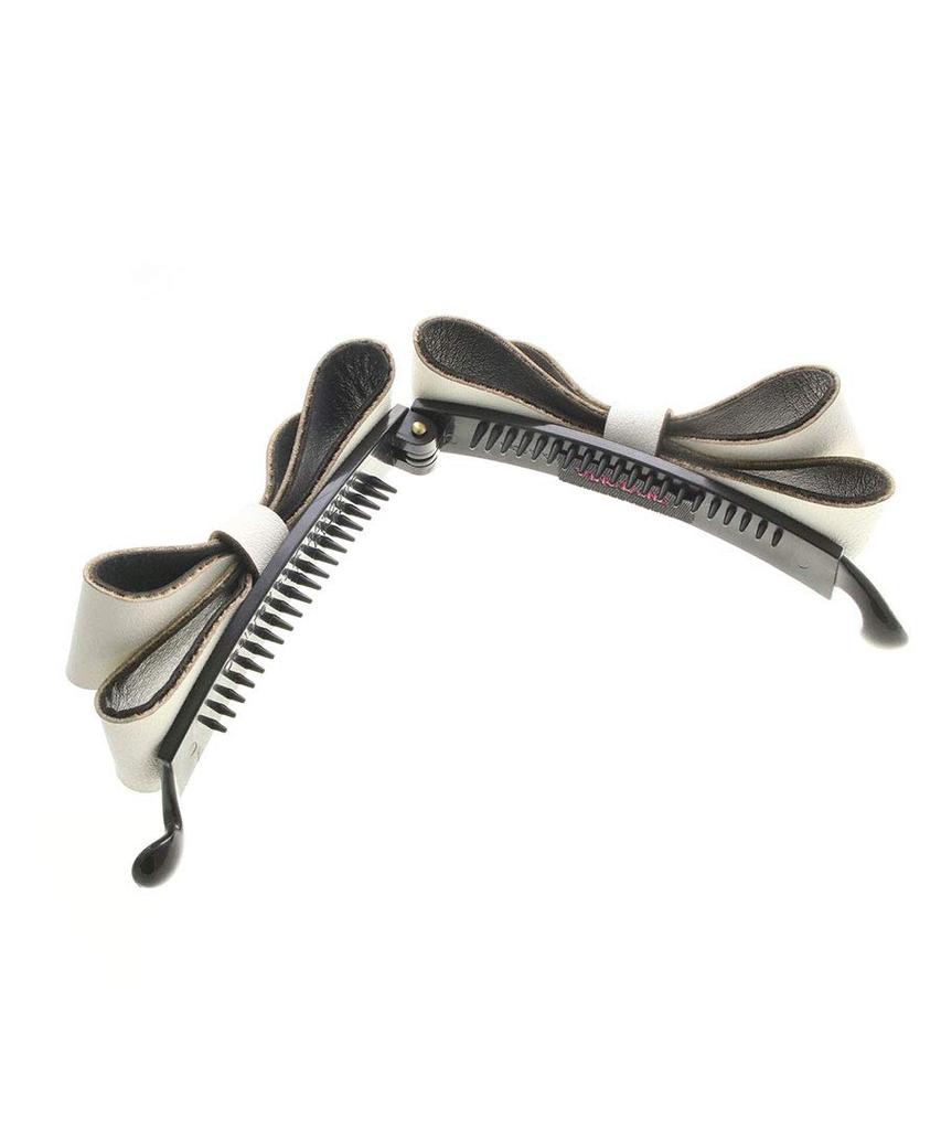 VINGTAINE Faux Leather Double Ribbon Banana Clip Basic Simple Adult Casual [Vantaine] H7377-WH-