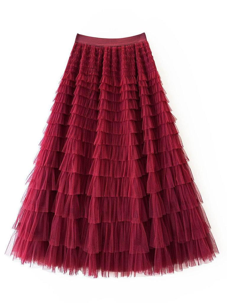 Women's Layered Mesh Gauze Pleated High Waist Long Skirt - Spring & Autumn Style