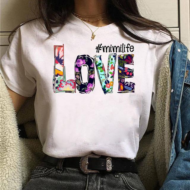 Cute Casual Flowers Letters Love Graphics Women T-Shirts Summer Shirts Short Sleeve O-Neck Female Tops Kawaii Clothing