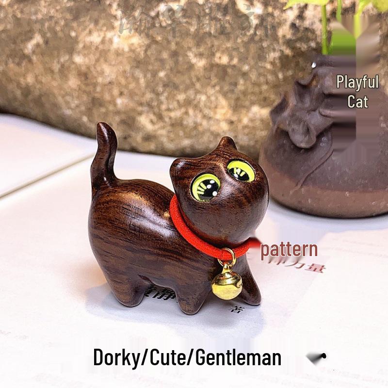 Handmade Green Sandalwood Carved Cat: Playful, Curious, Confident Pet Sculpture