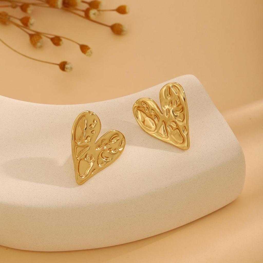 High-End Metal Heart Butterfly Flower Earrings with Exaggerated Pleated Texture