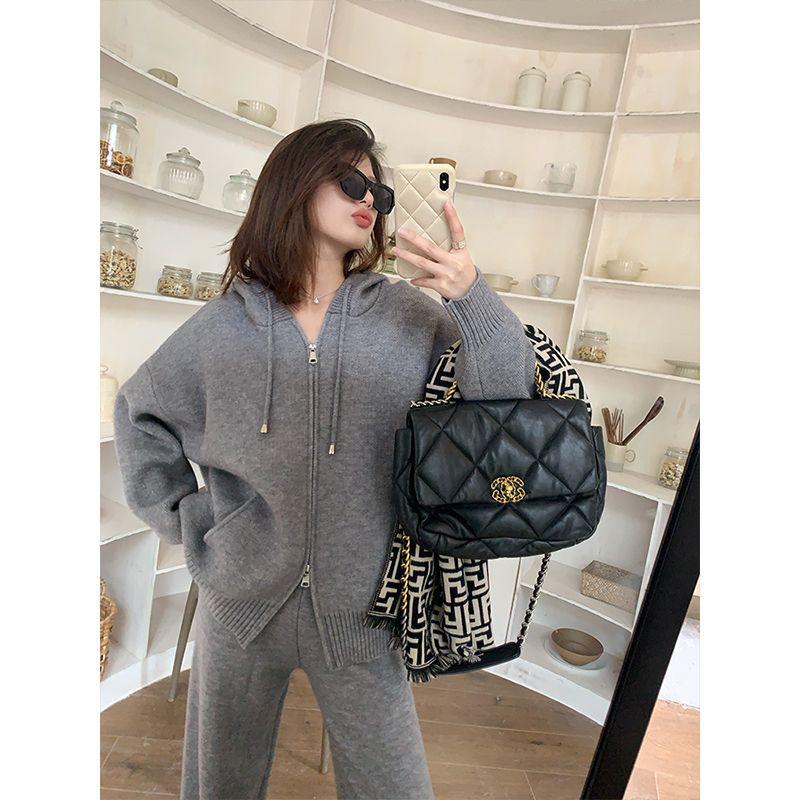 

Women s Hooded Zipper Cardigan & Wide-Leg Pants Knit Set - Autumn/Winter Two-Piece S (suggested under 100 lbs)