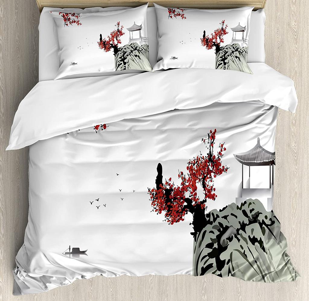 Flower Bedding Set For Bedroom Bed Home Oriental Backdrop Sakura Blossom Japanese Cherry Duvet Cover Quilt Cover And Pillowcase