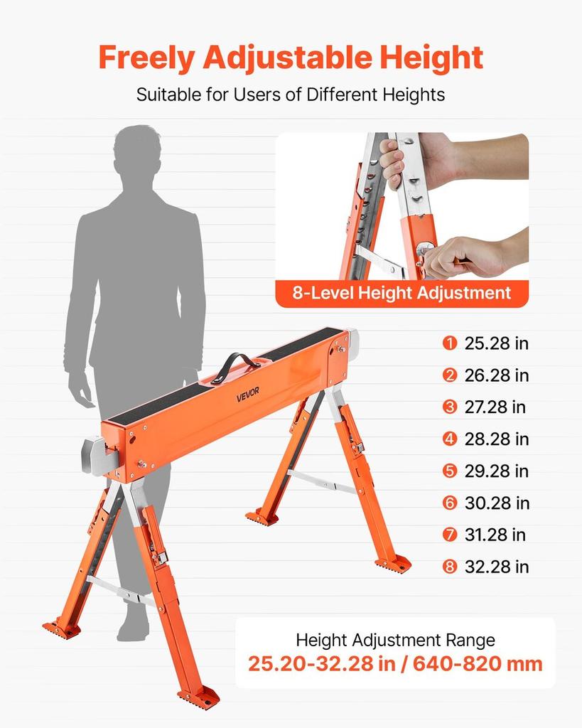 Saw Horses, 2 Pack Folding Work Horses, 816.5 Kg Load Capacity Sawhorse with Heavy Duty Legs, Adjustable Height Saw Horse with Non-Slip Foot Pads, for