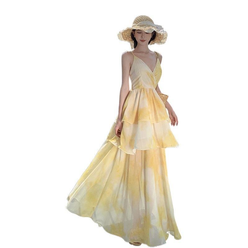 Slim-fit Suspender Dress Female Summer Seaside Vacation Beach Dress Sunset Fairy Cake Skirt Feeling
