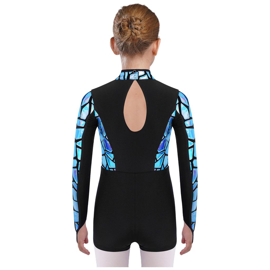 Sparkling Metallic Sequin Jumpsuit for Girls: Mock Neck Long Sleeve Keyhole Back Bodysuit for Gymnastics & Dance Shows