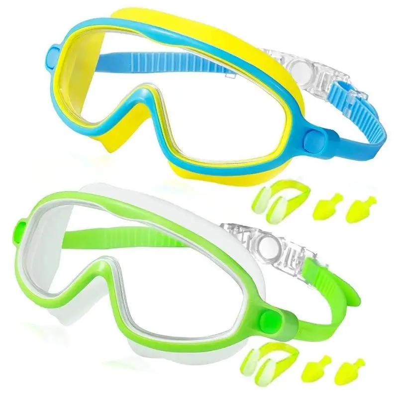 2 Pack Anti-Fog Anti-UV Swimming Goggles HD Diving Goggles with Earplugs Anti Choking Women Men Large Frame Silicone Swim Ggles