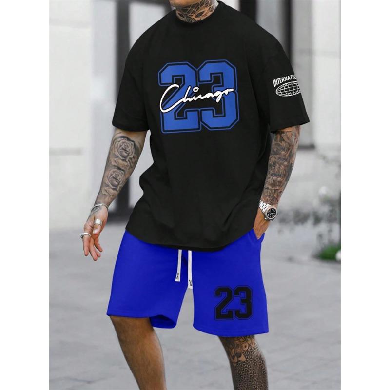 Men's Short Sleeve Shorts 2-Piece Tracksuit Fashion 23 Digital Printed Crewneck T-Shirt and Drawstring Shorts Set