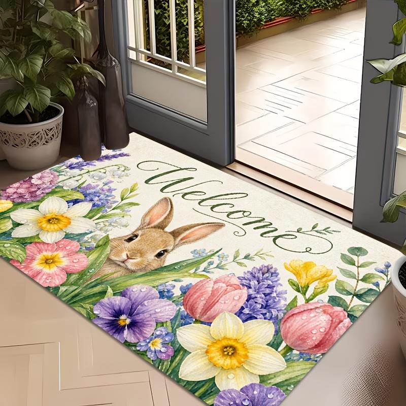 1pc, 2D Flat Printed Rabbit Floral "Welcome" Entrance Doormat, Non-Slip Machine Washable Easy-to-Clean Polyester Mat, Suitable for Home and Outdoor De