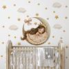 Fairy Tale Princess Crescent Moon Sleep Wall Sticker for Girls Nursery Kids Room with Stars Clouds
