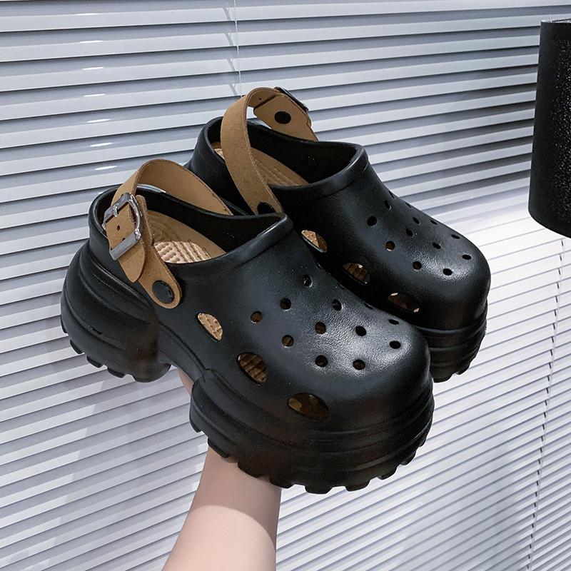 

Leather thick heel cool slippers women s summer new muffin thick bottom hollow fish mouth slippers wear fashion one-word drag 41 чёрный