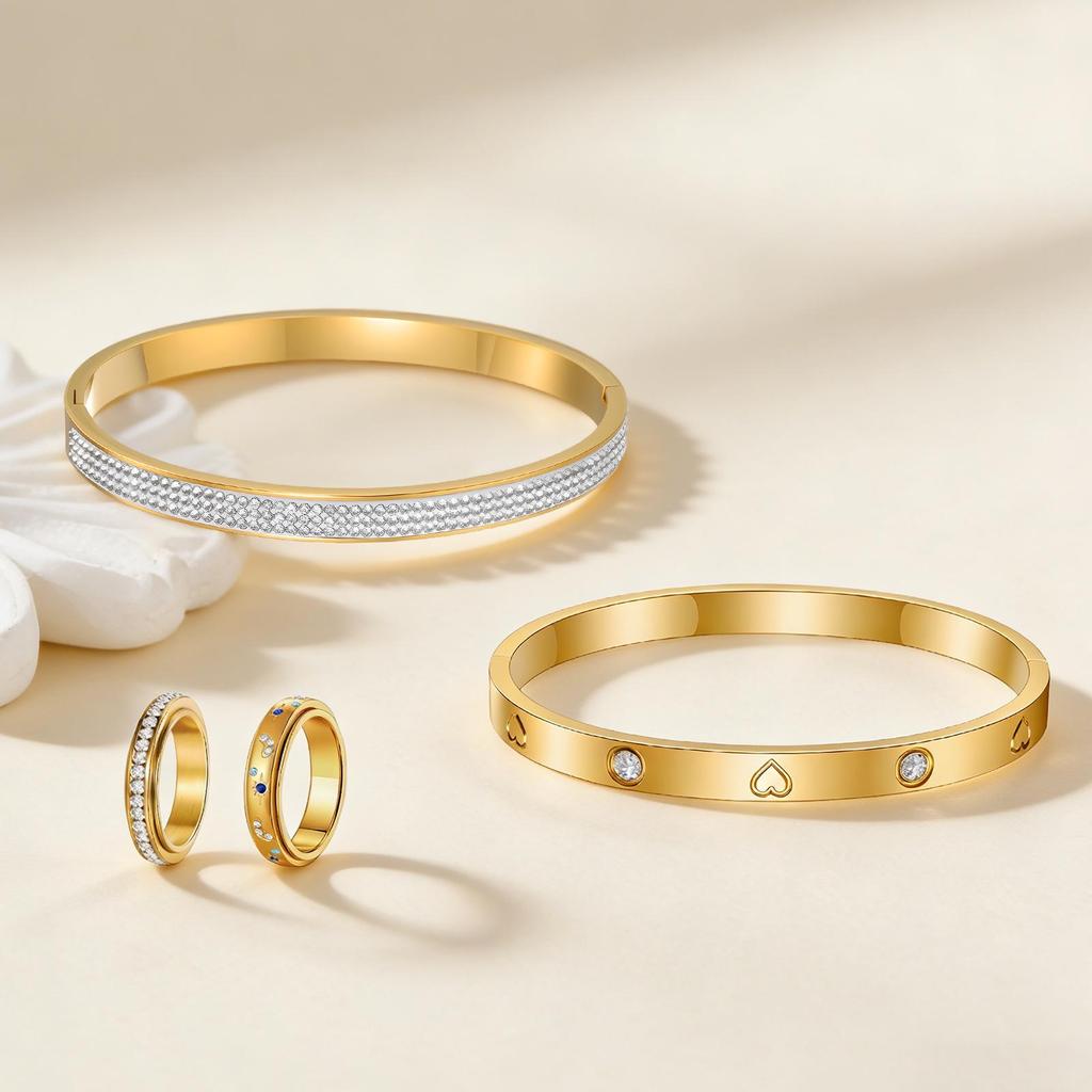 European & American Style Women's Diamond Design Stainless Steel Ring Bracelet Set - Light Luxury, Four-Piece Collection.