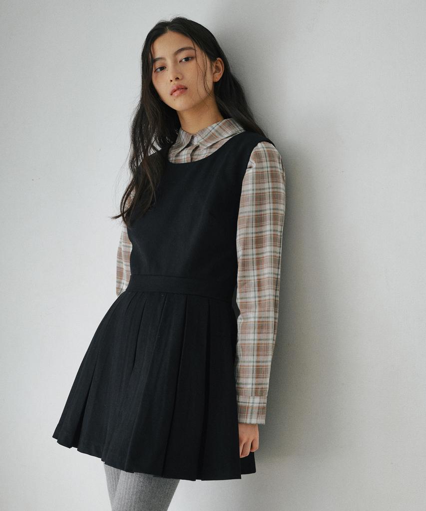 Belloel Pleated Mini Wool Dress Skirt Black