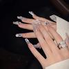 100% HANDMADE Coffin Shaped Fake Nail Set With Glue Art Flashing Starry 3D Butterfly Ribbon Nude Color Pearl Chain Princess Gentle Nails Reusable