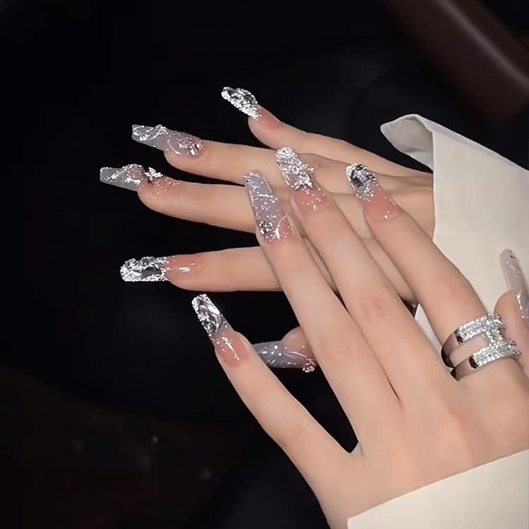 100% HANDMADE Coffin Shaped Fake Nail Set With Glue Art Flashing Starry 3D Butterfly Ribbon Nude Color Pearl Chain Princess Gentle Nails Reusable