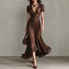 European and American French Elegant Medium Long Sexy Deep V-Neck Short Sleeve TikTok Spot Long Dress Dress